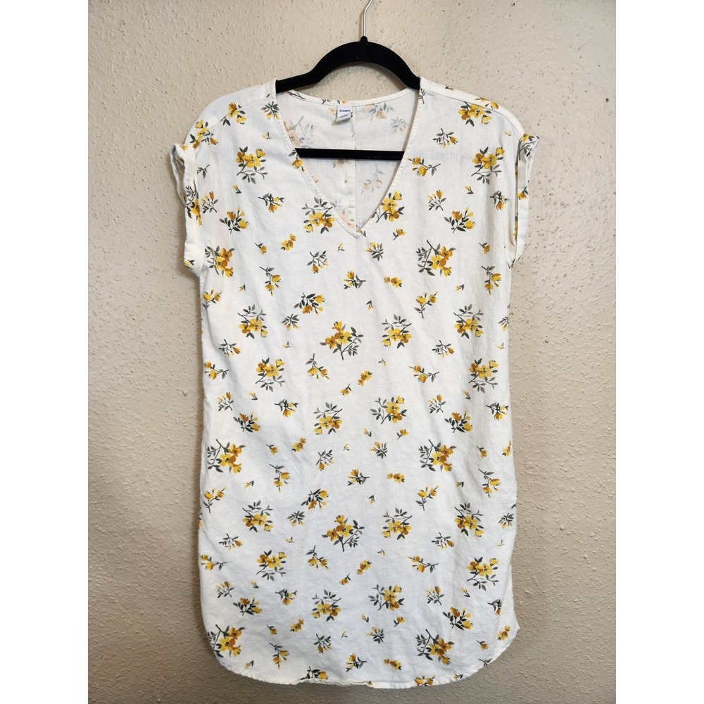 Old‎ Navy XS Petite White Floral Linen Blend Shift Dress Button Back w/ Pockets